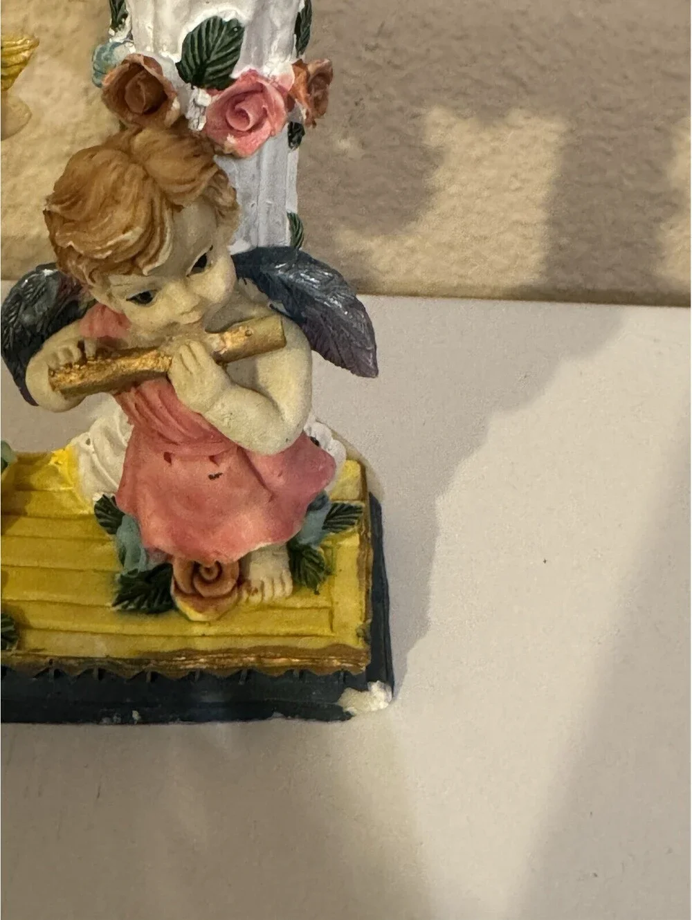 Vintage Cherub Angel Pendulum Clock Roses Floral Resin 9” Mantel AS IS Repair